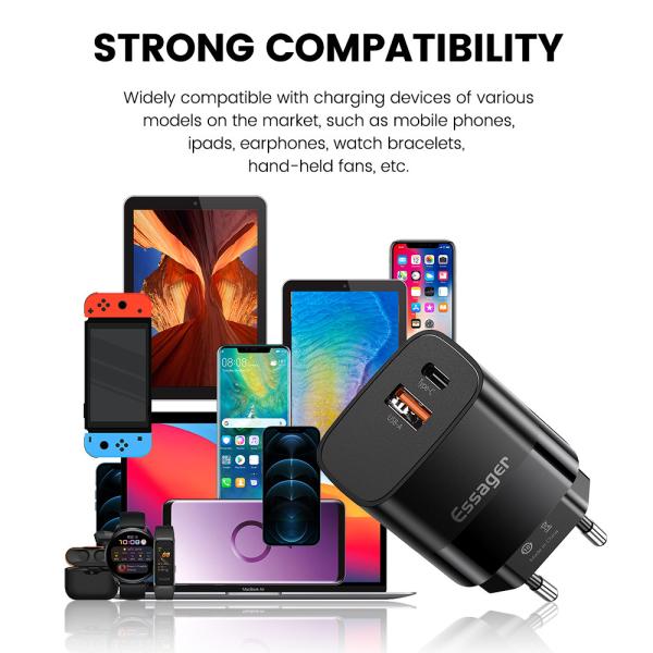 Essager 2021 PD+QC USB Charger 20W Type C Dual Ports USB Wall Charger(Stop Production)