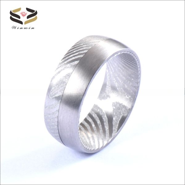 Simple Style 8mm Pure Damascus Steel Men's Wedding Ring with Black Plating