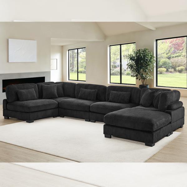 Canapé modulable sectionnel, tissu en velours côtelé noir