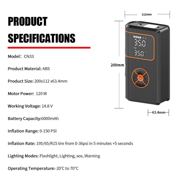 12V Car Battery Booster Tire Inflator 4 In 1 6000mAh Emergency Vehicle Jump Starter Air Pump For Car Tires