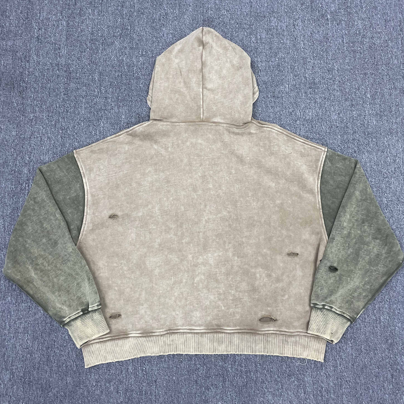 Tianan Custom Acid Wash Hoodie Vintage Stone Wash Distressed Pearl Rhinestone Spliced Sleeve Streetwear Loose Boxy Zipper Hoodie