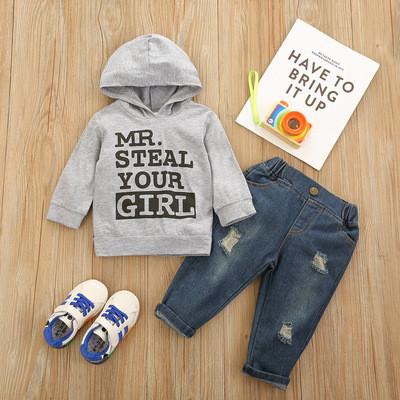 130CM Boys 6 Years Outfit Sets Black Hooded Jacket Dark Blue Ripped Jeans