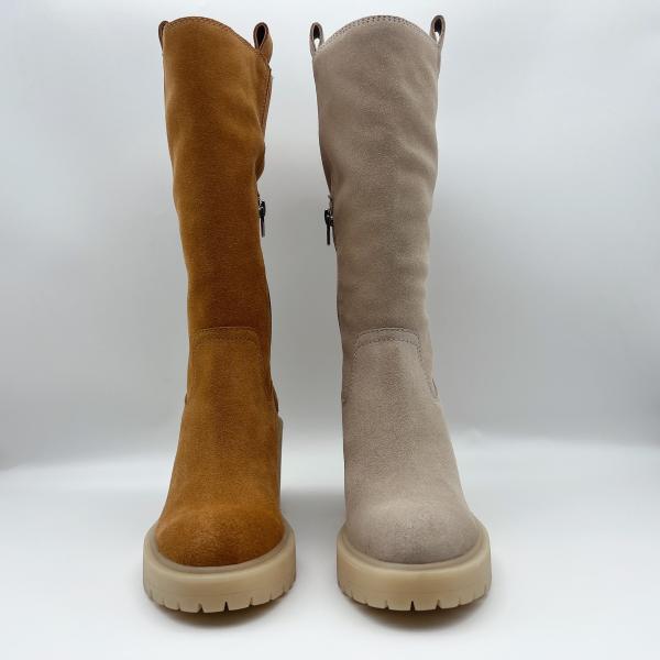 Brown soft suede leather Womens Dress Boots with 3/4 ykk metal zipper,One piece of TPR outsole