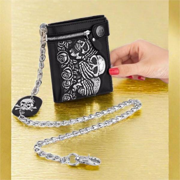 Fashionable Rose Skull Anti Theft Chain Strip Short and Long Wallet Leather Punk Wallet