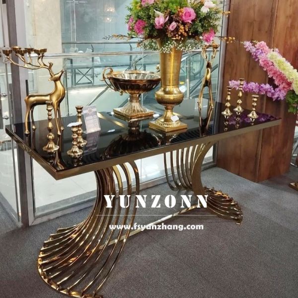 Luxury Gold Stainless Steel Wedding Table Glass Dining Table for Hotel Use Elegant Event Furniture