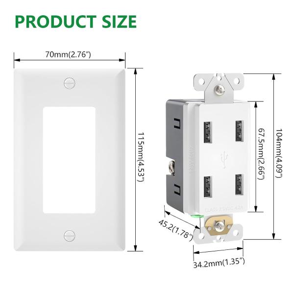 Wall Mounted 4Port USB Wall Outlet 125V AC 60Hz Charging Socket Receptacle Module