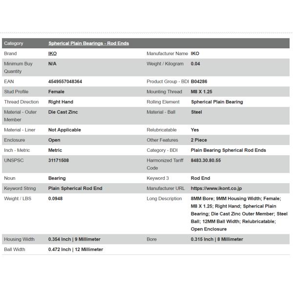IKO  Rod End Bearing  PHS8A