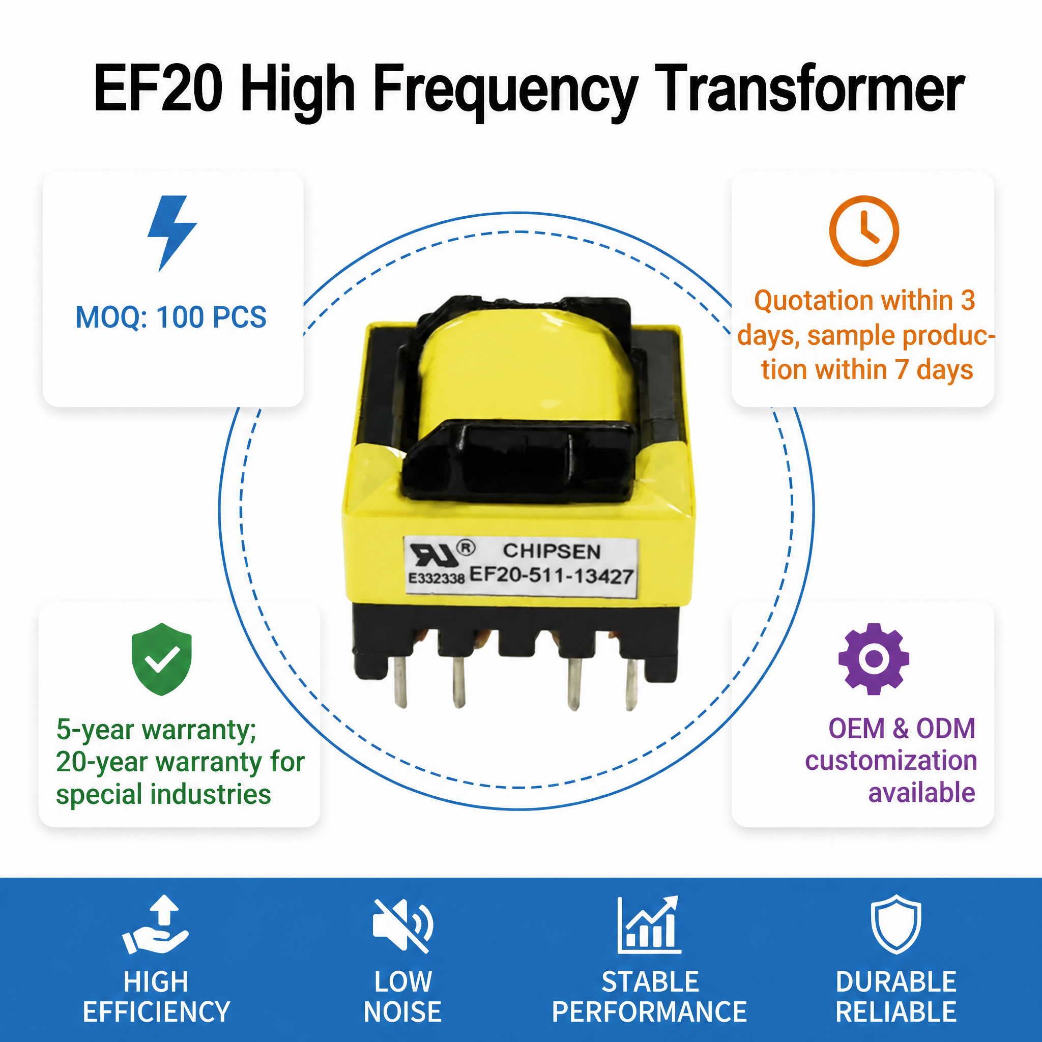 EF20 Pure Copper Ferrite Core High Frequency Transformer Vertical PCB Mount Design