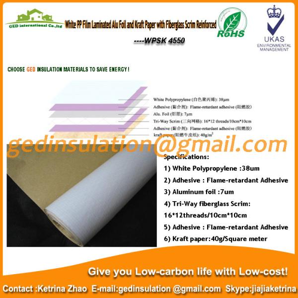 White PP film laminated aluminum foil and kraft paper with fiberglass scrim reinforced