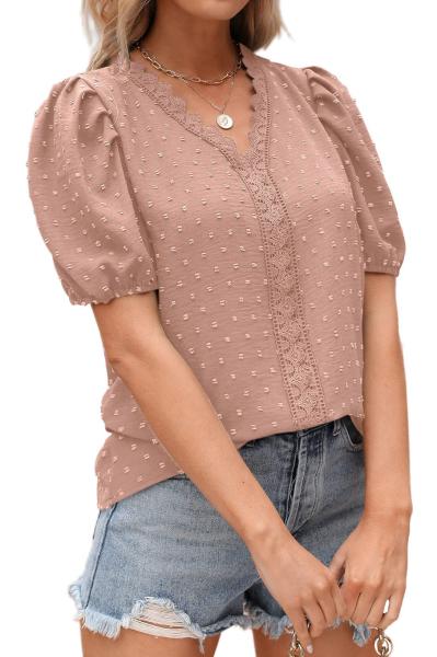                  Female Tops and T-Shirt Custom Cotton Lace Shirt Short Sleeve Compression Embroidered Shirt             