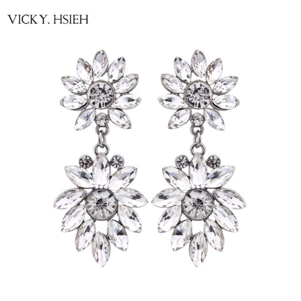 VICKY.HSIEH Rhodium Tone Wedding Bridal Crystal Rhinestone Flower Drop Earrings
