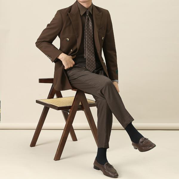 Custom Fabric Retro Brown Gentleman Slim Lapel Collar Suit Jacket for Men's Formal Wear