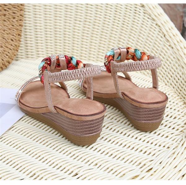 BS098 Sandals Women Ladies Shoes Bohemian Style T-Strip Rhinestone Wedge Sandals Plus Size Sandals PU Women'S Shoes PU S