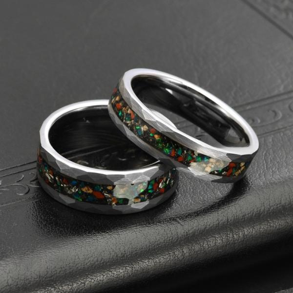 Bague en carbure de tungstène incrustée de météorite d'os de dinosaure évaluée par un tiers, 8 mm, argent martelé, bague de mariage de mode pour hommes