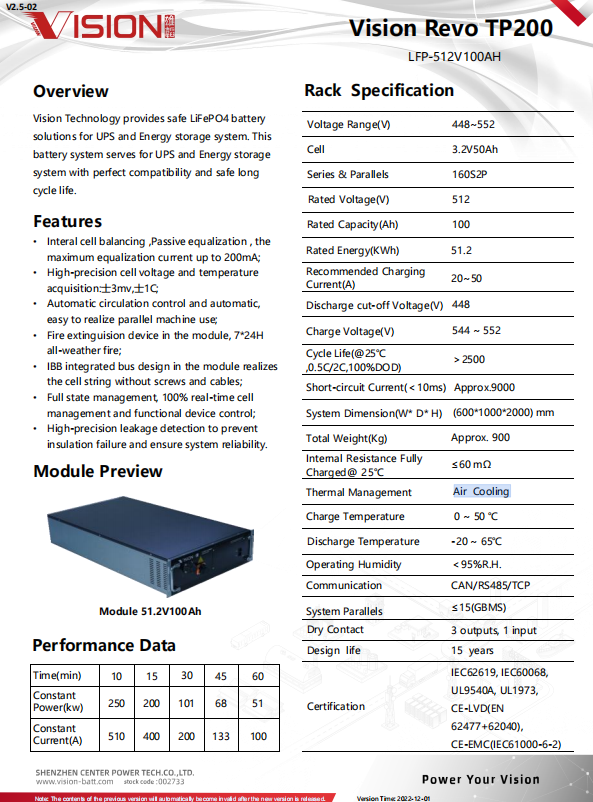 Vision Revo Three-Phase UPS Lithium-ion Battery System TPH200 512V500AH UPS BATTERY MODULE