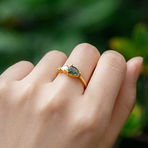 Natural Moss Agate Opal Moissanite Stone Ring Unique For Engagement Wedding