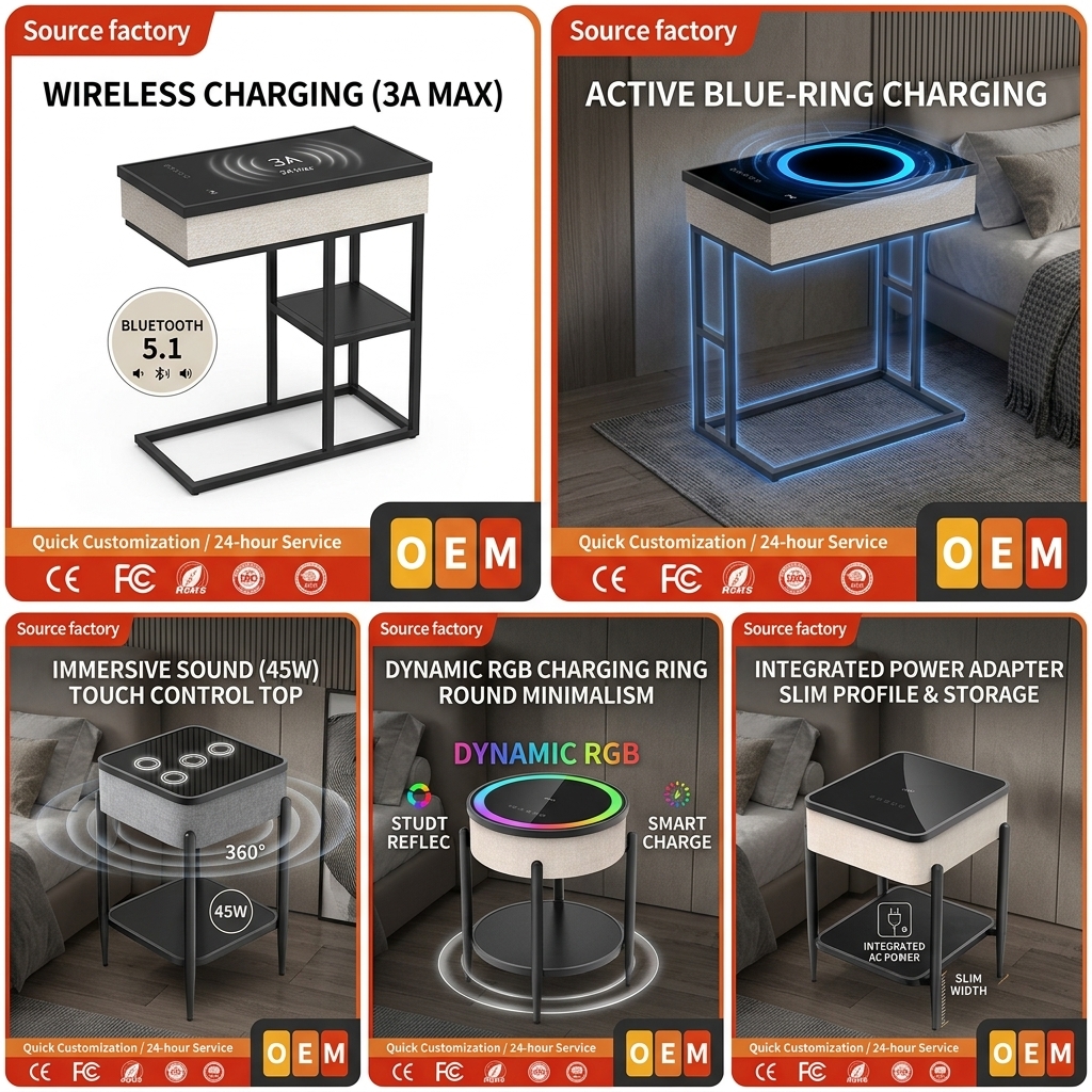 Wireless Charging Side Table ATC609L 30W RGB Dynamic Bedside Table Modern Bedroom
