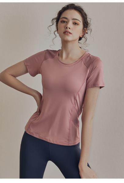 Os esportes das senhoras do ODM do OEM vestem a camisa cor-de-rosa de Mesh Splice Womens Exercise T