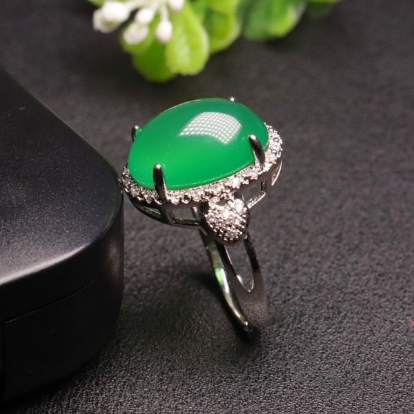 Genuine Green Chalcedony Ring Agate Ring Jewelry Factory Chinese Luxury Ring Men Wear Unique Jewelry