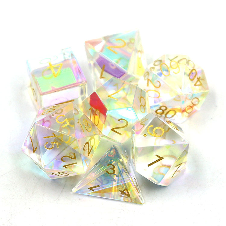 Natural Clear Quartz Crystal Polyhedral Dice Set with AB Rainbow Coating and Silver Ink Engraved Numbers for DND and RPG Games