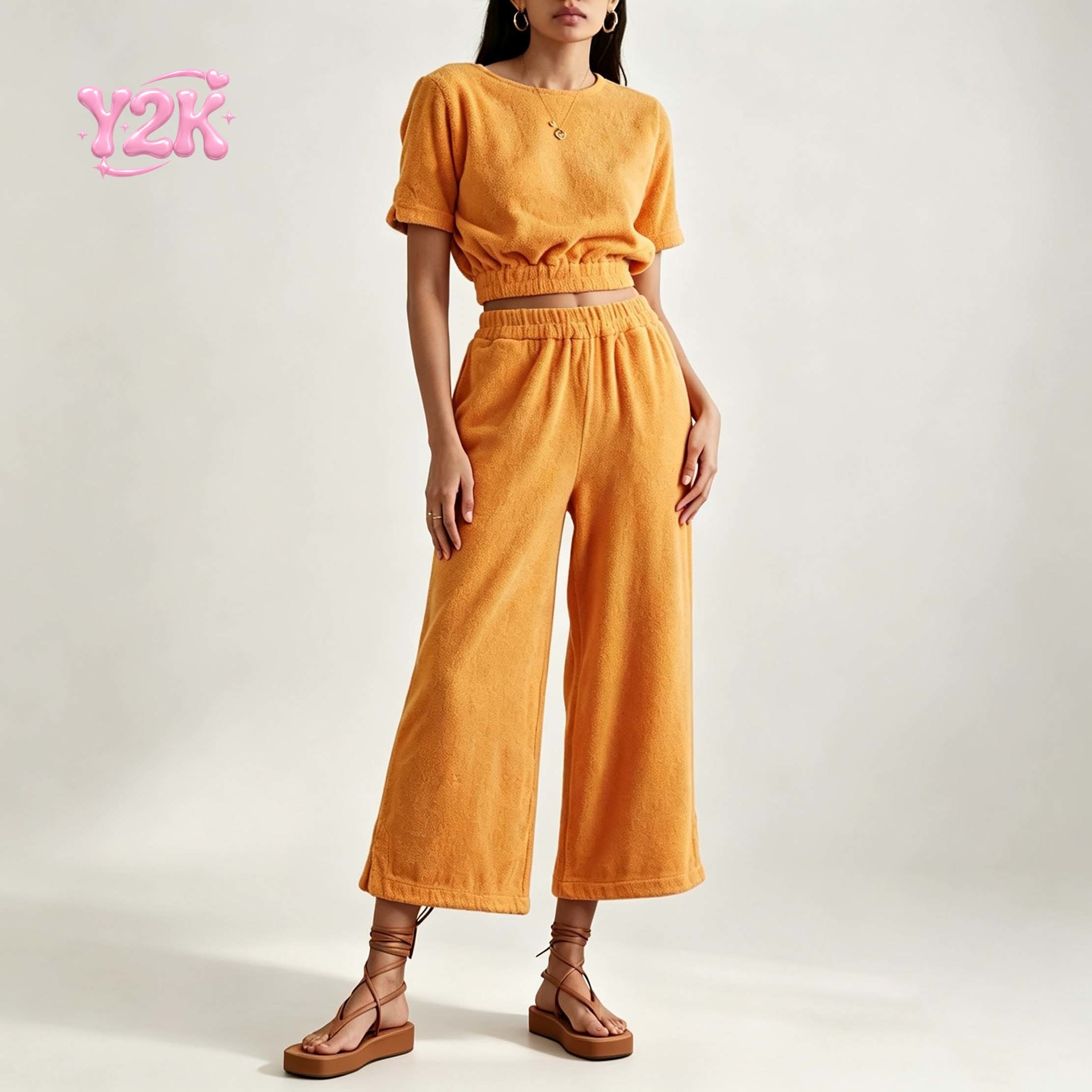 Custom Women's Terry Crop Top Cropped Wide Leg Pants Set