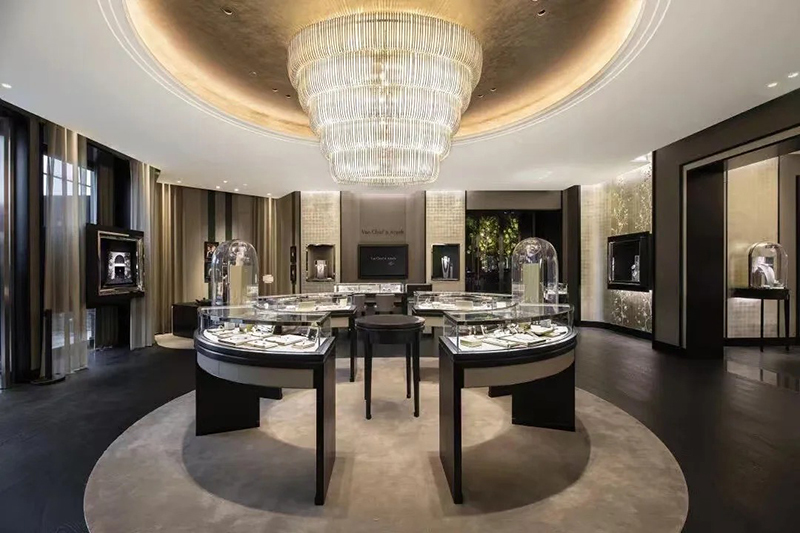 Art-Deco Style Jewelry Boutique with Full-Store Custom Curved Showcase