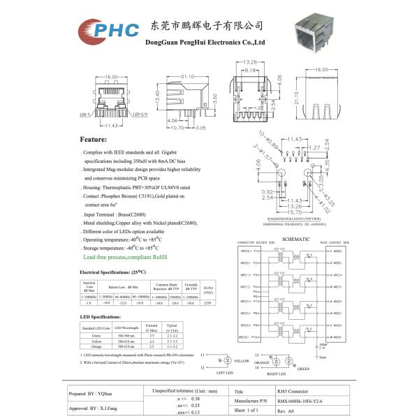 Однопортовый разъем RJ45 со встроенными магнитами 10/100 Base-T, зеленым/желтым светодиодом, вкладкой вниз,