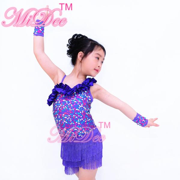 2 In 1 Jazz Tap Costumes Purple Sequin Dance Leotard Diagonal Ruffle Neck With Short Fringe Skirt