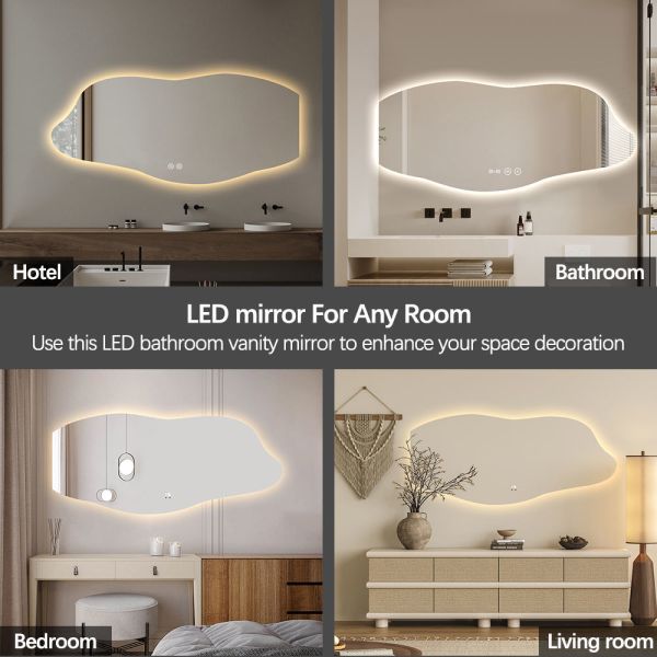 Dimming Customizable Backlit Vanity Mirror Wave Edge Wall-Mounted LED Bathroom Mirror with Anti-Fog