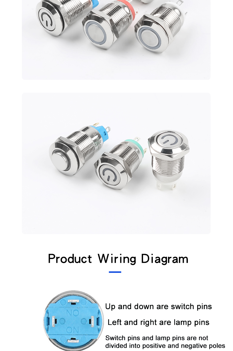 12mm Waterproof Nickel Plated Copper Pushbutton with Power LED Two Types of Flat & High Head Latching Momentary 6V12V24V