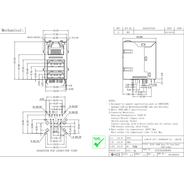Гигабит RJ45 с двойным разъемом 020181MHAM4M408ZA USB, LPJU4202A64NL