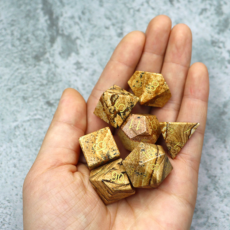 Natural Picture Jasper Gemstone Polyhedral Dice Set - Hand Carved DND Dice with Golden Ink Engraved Numbers