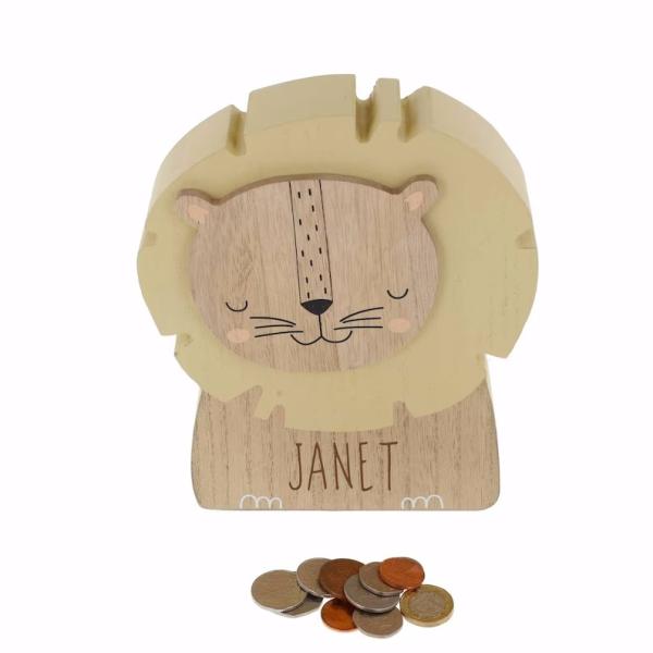 Boîte à argent personnalisée gravée Lion Banque d'épargne pour enfants Banque de poche Piggy Bank Boîte à argent pour animaux en bois Cadeau pour bébés