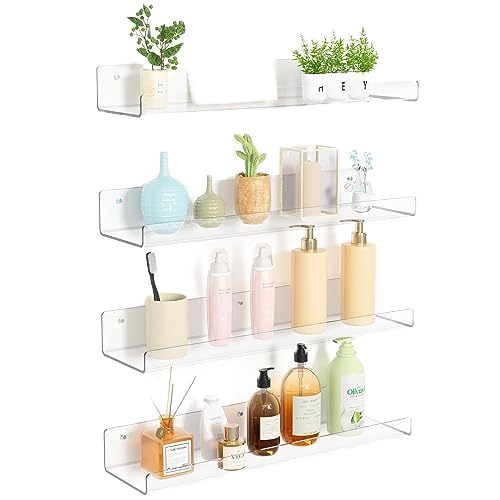Punch-Free Acrylic Wall Shelf for Bathroom Single Tier Wall Hanging Bookshelf