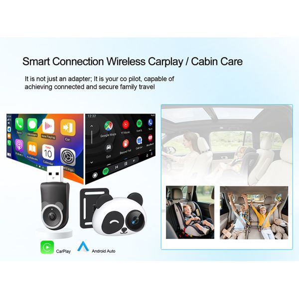 Yuecai New Portable Wireless In-car CarPlay Adapter Car Camera and Rear Seat Baby Monitor  