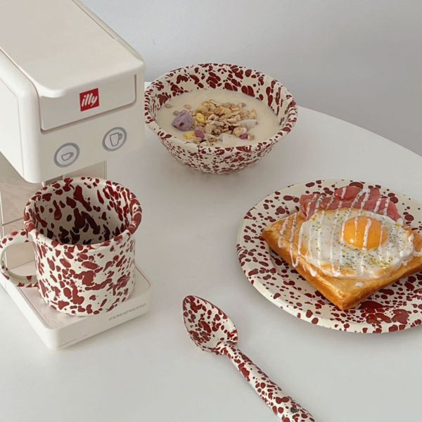 Speckle Enamel Coating Soup Bowl Plate Round Plate Mug Cup Bowl Dish Set