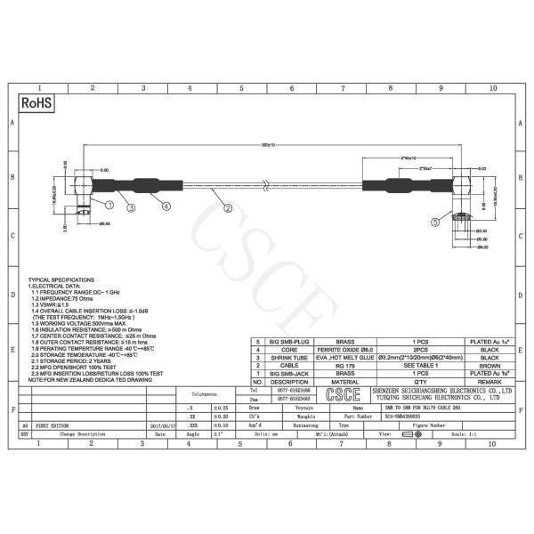 SMB Male To Female Antenna Adapter Cable , RG179 Coaxial Cable Vswr ≤1.5