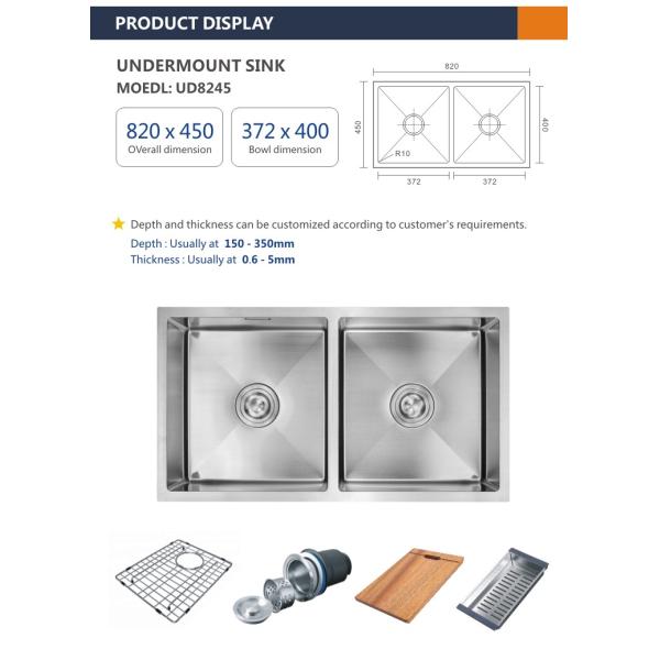 Rectangle Undermount Stainless Steel Kitchen Sink 18 Gauge 82x45
