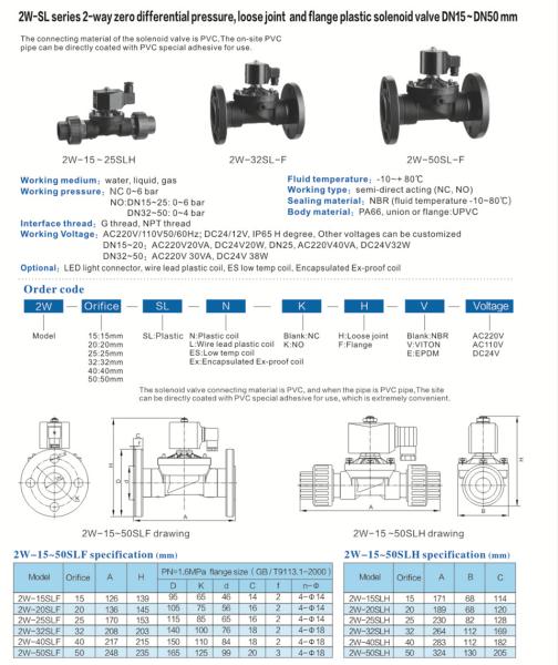 2WSL-15 24V プラスチック式水電磁弁 弁型