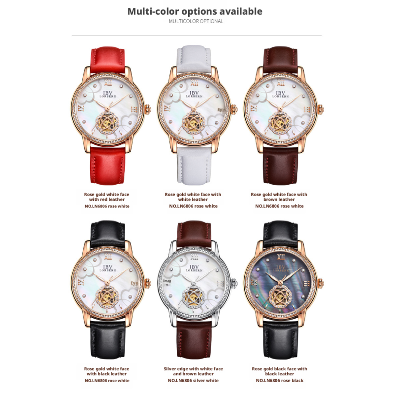 Rose Gold Skeleton Mechanical Ladies Watch Mother Of Pearl Dial Crystal Bezel Genuine Leather Strap 3 Colors Luxury Women Dress Wrist Watch Gift