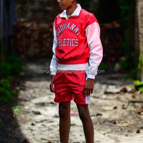 Logotipo con parche bordado a medida, rompevientos, manga larga, botón de arriba, camisa, hombres, pantalones cortos de nylon, uniformes, pantalones cortos deportivos para hombres.