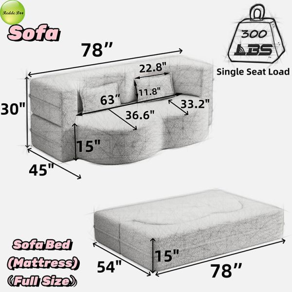 Modern Minimalist Teddy Fabric Compressed Sofa Bed Space-Saving Living Room Furniture Convertible 2 Seater Sofa Folding Sofa Bed