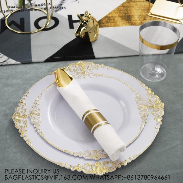 Gold Disposable Plates For 100 Guests, Plastic Plates For Party, Dinnerware Set Of Dinner Plates, Salad Plates