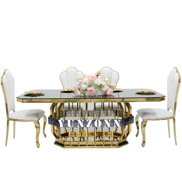 Modern Gold Stainless Steel Wedding Banquet Dining Table Rectangle Glass Hotel Furniture for Wedding Tables and Rentals