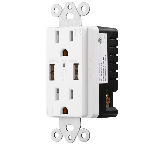 PC ABS Electrical USB Outlets 15A 120V 5V DC USB Receptacle Outlet For Hotel