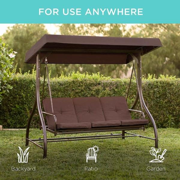 Outdoor Garden 3 Seats Swing Chair with Canopy and Adjustable Folding Steel Lounger Bed