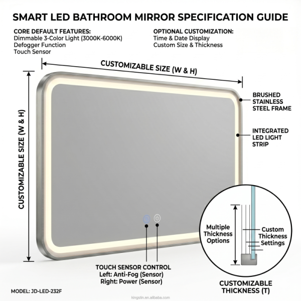 Kingstin Rectangular LED Bathroom Mirror, Dimmable 3-Color, Anti-Fog, Custom Size Metal Frame Smart Vanity Mirror