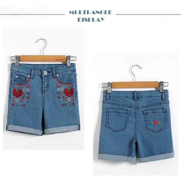 Flower Embroidery Girls Denim Shorts Knee Length With Adjustable Size Waist