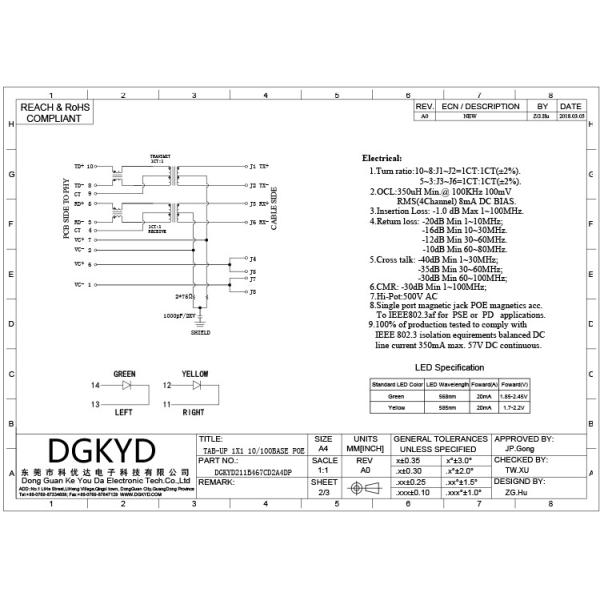 соединитель 21.1mm 100Mb RJ45 одиночный гаван с материалом трансформатора PBT
