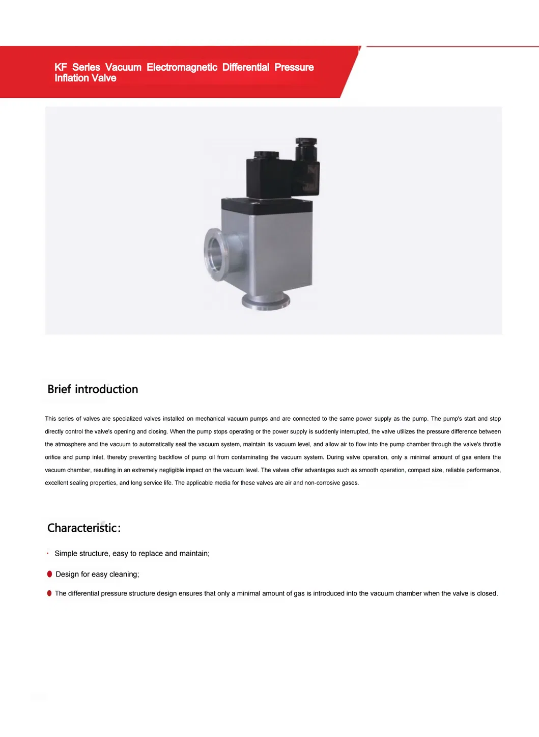 Kf Series High Vacuum Electromagnetic Pressure Differential Inflation Valve